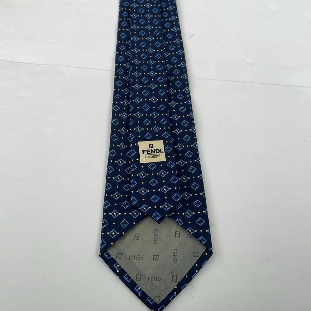 Fendi Cravatte Silk Tie Navy Blue with Light Blue Fendi Logo Yellow Dots